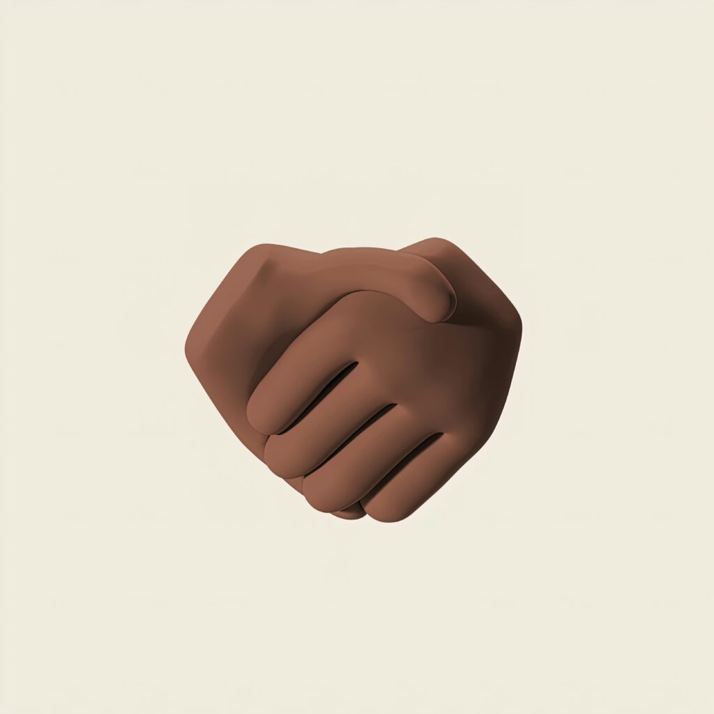 Home Brown 3D handshake emoji symbolizing agreement on a neutral background.